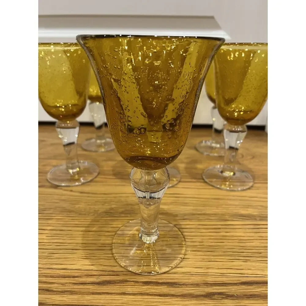 Artland Water Goblets Iris Citrine Amber Set Of 6 Bubbled Bowl Clear Stem‎